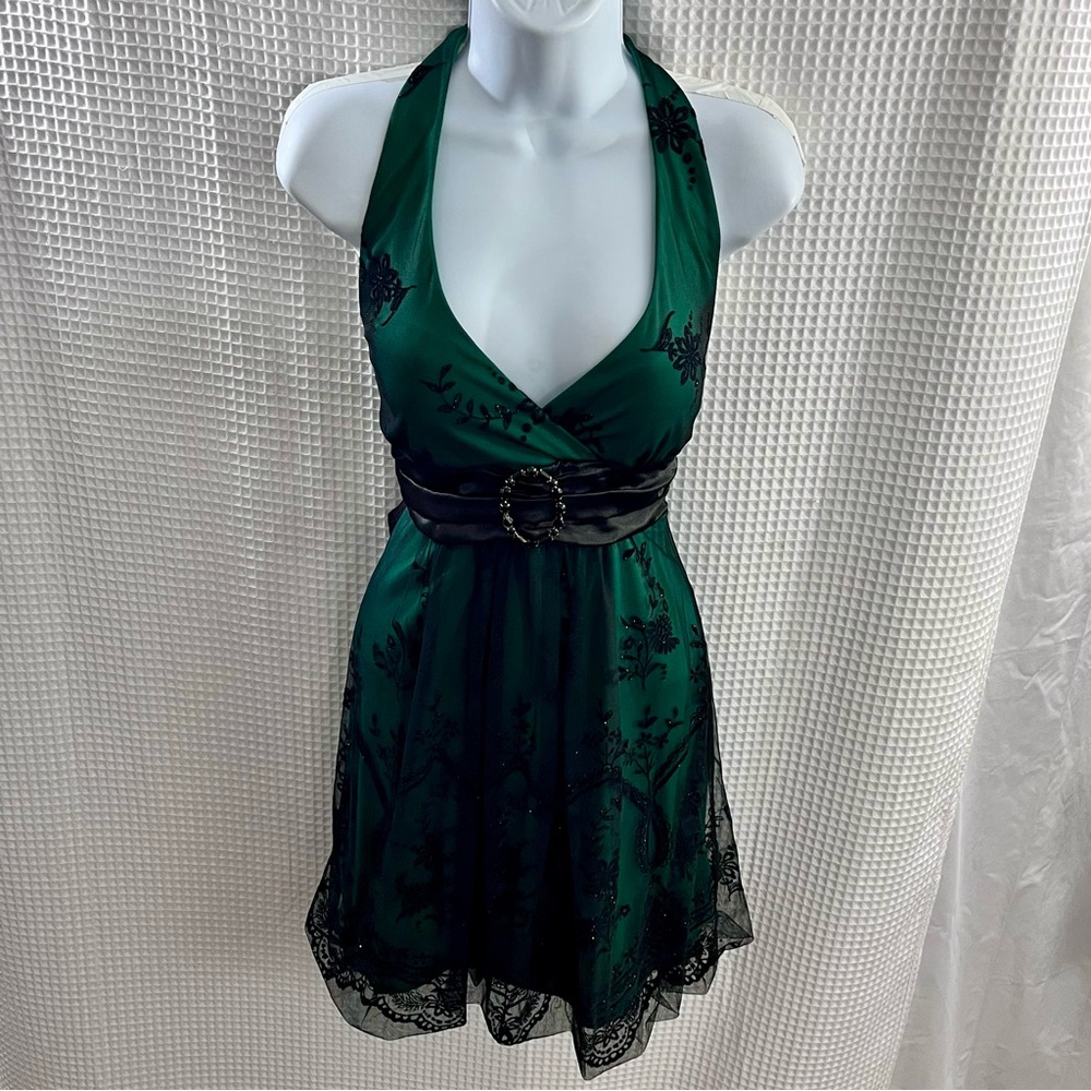 Ruby Rox ladies Green Backless Dress with Black Floral Details size 11